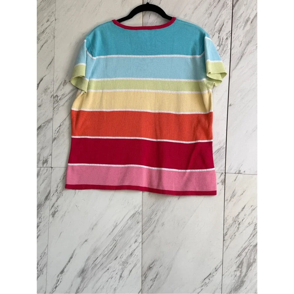 Talbots Rainbow Striped Pointelle Sunset Knit Top Tee Womens Large